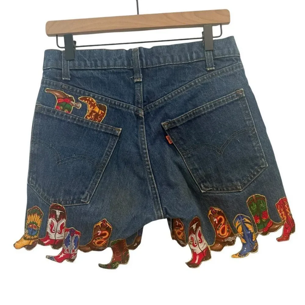 Levi’s Upcycled Cowboy Cowgirl Western Boot Applique Denim Shorts Orange Tab Siz